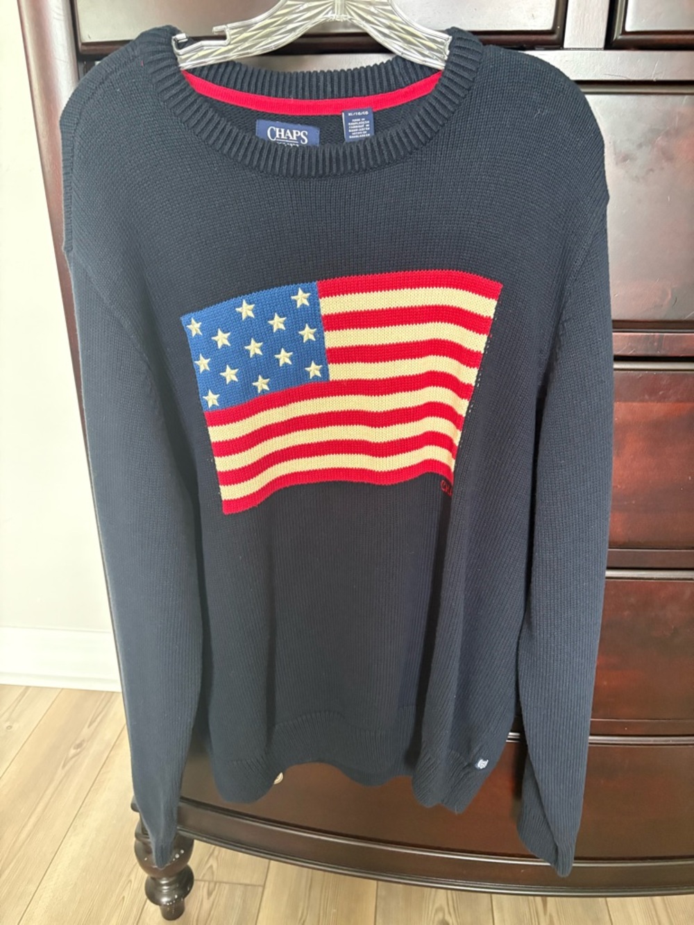 Chaps Men's Navy Crewneck Sweater with American Flag XL